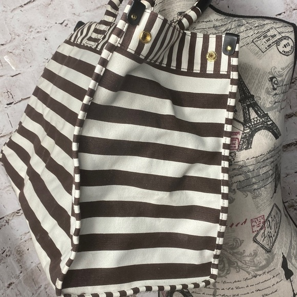 Henri Bendel Striped Canvas Tote Bag Brown White Signature Large - Picture 6 of 15